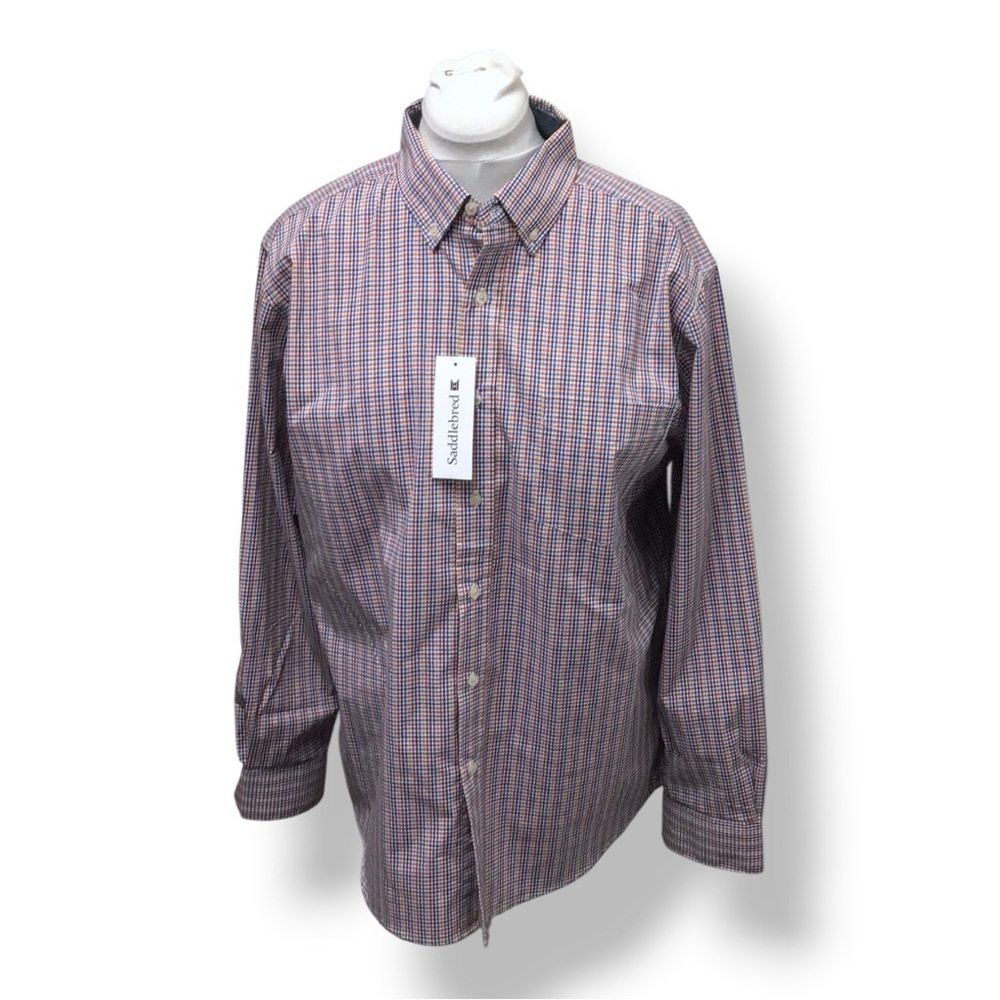 Saddlebred Mens Stretch Poplin Long Sleeve Plaid Shirt Comfort Flex Cotton L